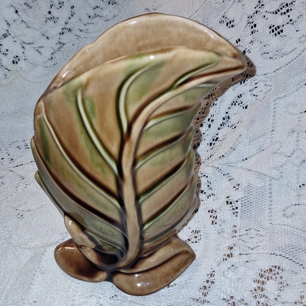 Royal Haeger Brown 6 1/4" Leaf Glazed Ceramic Vintage Vase Planter Labeled - Picture 4 of 5
